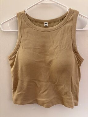 UNIQLO Ribbed Tank Top in Light Khaki with Built-In Bra